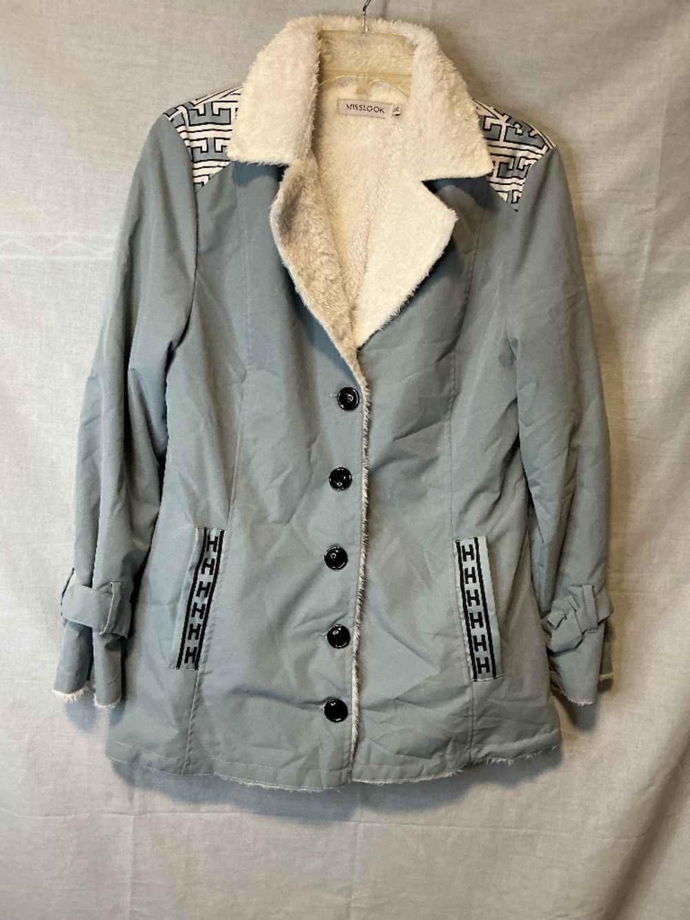 Misslook Fleece Sherpa lined Women Jacket Coat Button Front Light Blue